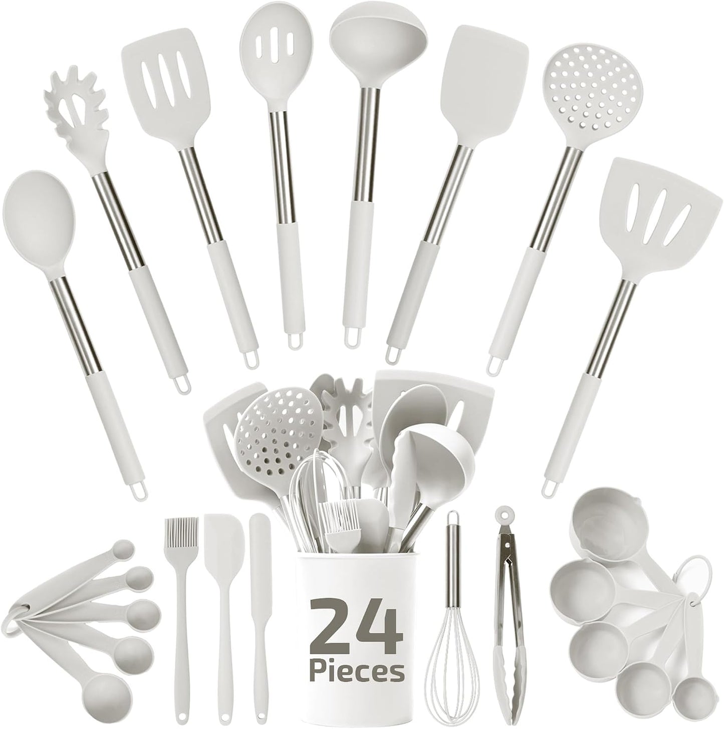 Silicone Kitchen Utensils Set 34 Pieces 450 °F Heat Resistant - Grey Cooking Utensils-Set for Nonstick Cookware - Silicone Spatulas Set, Stainless Steel Handle & Other Kitchen accessories