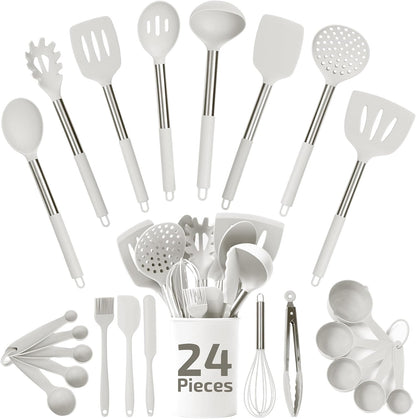 Silicone Kitchen Utensils Set 34 Pieces 450 °F Heat Resistant - Grey Cooking Utensils-Set for Nonstick Cookware - Silicone Spatulas Set, Stainless Steel Handle & Other Kitchen accessories