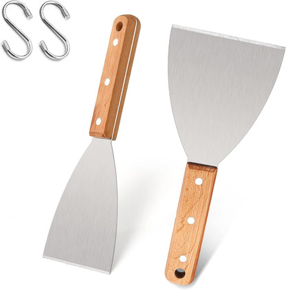 Grill Griddle Scraper Set of 2, Leonyo Stainless Steel Versatile Metal flat Top Grill Scraper for Dough Pancake Pizza Teppanyaki BBQ Home Baking Cooking, Slant Edge & Dishwasher Safe