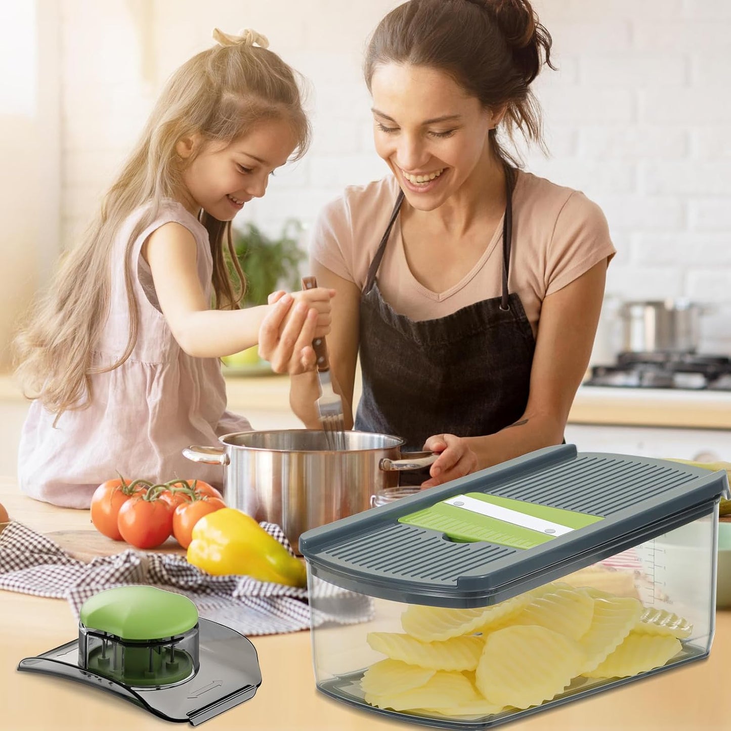 Ourokhome Mandolin Slicer for Kitchen Food, Hand Safe Vegetable Shredder with 6 Mandoline Blades, Veggie Waffle Cutter for Potato, Carrot, Zucchini, Onion, Essential Kitchen Gadgets (6 in 1, Gray)