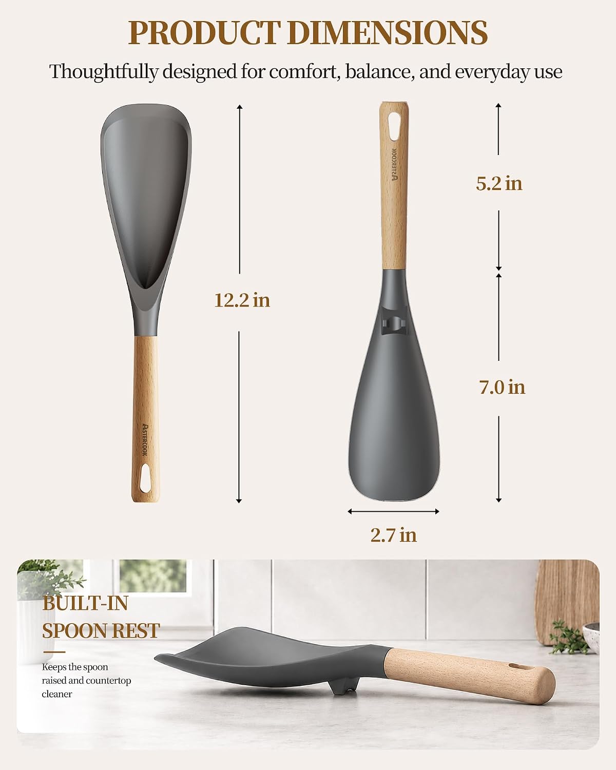 Astercook Cooking Spoon, 2 Pack, Nonstick Safe Silicone Spoonula Spatula