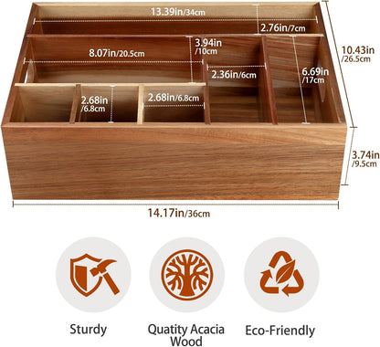 Acacia Wood Utensil Holder for Party, Paper Plate Organizer Silverware Caddy with 6 Compartments for Plate, Cup, Fork, Spoon, Cutlery Holder Countertop for Kitchen Camping Buffet