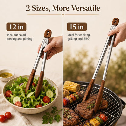 Wooden Tongs for Cooking - Kitchen Salad Tongs for Serving Food(12"+15")