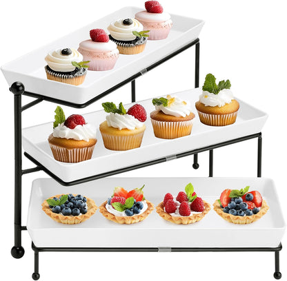 Yedio 3 Tier Serving Trays for Party, Porcelain Serving Platters and Trays, 12 Inch Tiered Tray Stand, Fruit Tray, Trays for Serving Food, White Dessert Stand with Collapsible Sturdier Metal Rack