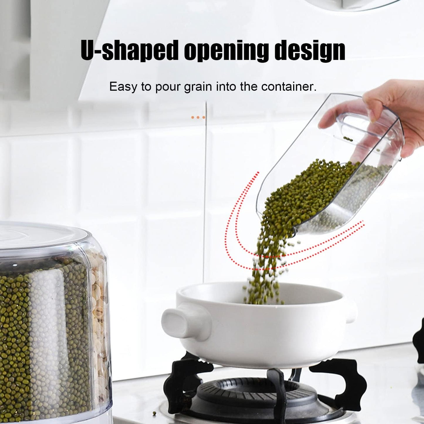 XIYAO 20Lbs Grain dispenser 360°Rotating Rice Dispenser 6 Grids Transparent Rotatable Cereal Storage Container with Sealed lid for Dry Food Beans Peanut Barley Millet Seeds