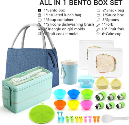 Bento Box Japanese Lunch Box Kit Leakproof Bento Lunch Box for Kids Adults Wheat Straw 3 Layer Stackable Lunch Containers with Compartment Eco-Friendly Meal Prep Containers (Beige)