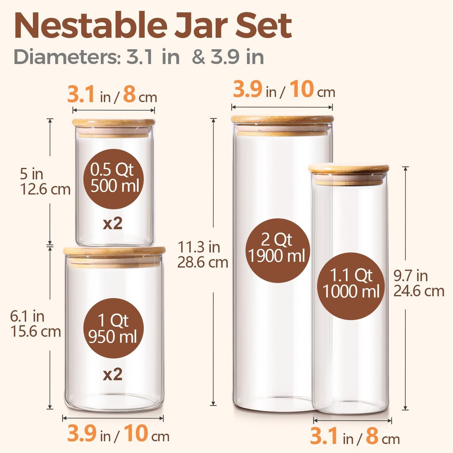 ComSaf 2Pcs Large Glass Storage Containers with Lids 4Qt, 1 Gallon Wide Mouth Flour Sugar Storage Containers, Large Capacity and Sealed for Rice, Cereal, Oat, Easy Clean and Scoop, Pantry Organization