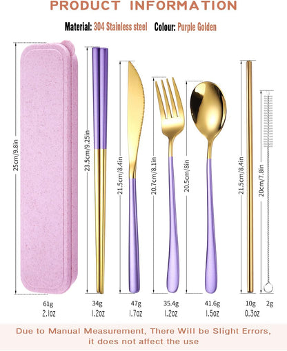 AARAINBOW 6 Pieces 18/8 Stainless Steel Flatware Set Portable Reusable Cutlery Set Travel Utensils Set Including Chopsticks Knife Fork Spoon Straws Cleaning Brush Dishwasher Safe (Green golden)