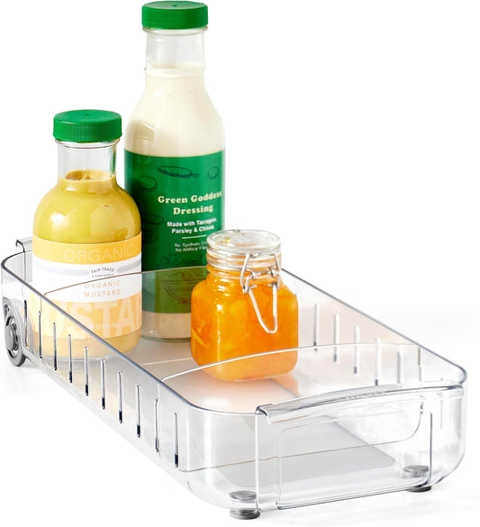 YouCopia RollOut Fridge Caddy BPA-Free Clear Rolling Refrigerator Organizer Bin with Adjustable Dividers and Handles, 9" Wide