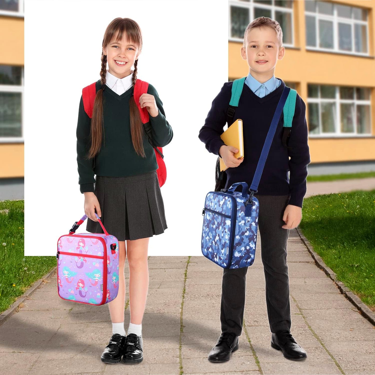 Kids Insulated Lunch Box Bag, Thermal Picnic Cool Bags with Adjustable Strap for Adults Children Women Men Boys Girls School Work (CAM-Blue)