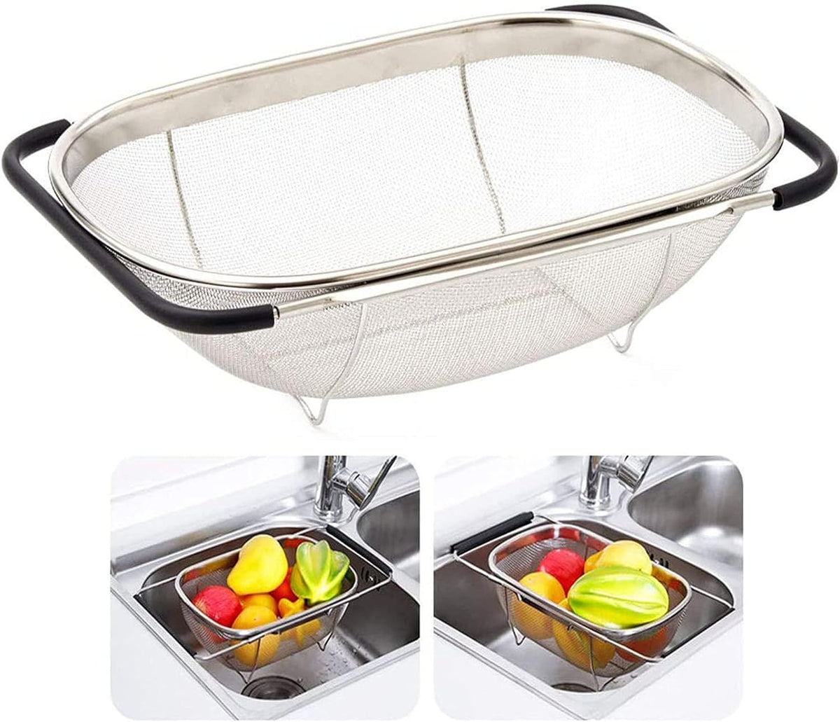 Over The Sink Stainless Steel Oval Colander with Expandable Rubber Grip Handles Strainers, Fine Mesh Strainer Basket Kitchen 6 Quarts Colander for Strain, Drain, Rinse Fruits, Vegetables