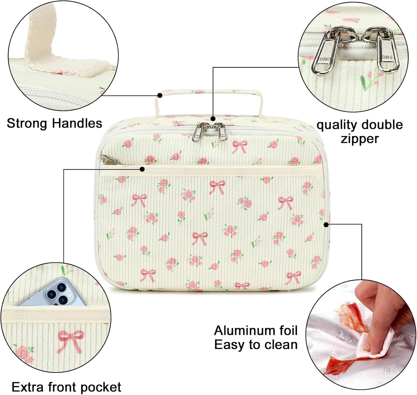 Bluboon Insulated Lunch Bag for Girls & Boys, Corduroy School Lunch Box with Cooler & Organizer Compartments, Leak-Proof Lunch Tote for School, Travel (Corduroy Strawberries Beige)