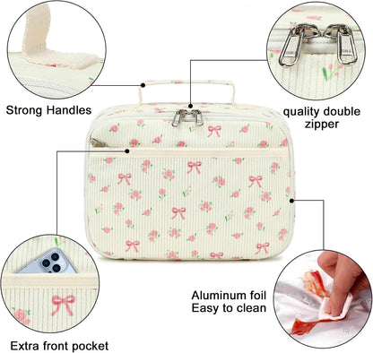Bluboon Insulated Lunch Bag for Girls & Boys, Corduroy School Lunch Box with Cooler & Organizer Compartments, Leak-Proof Lunch Tote for School, Travel (Corduroy Strawberries Beige)