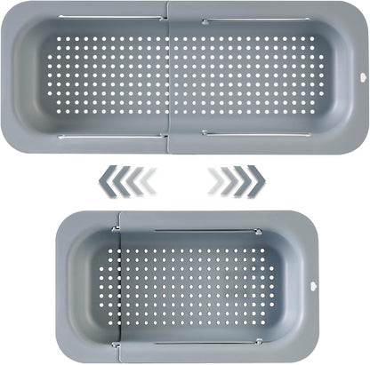 Extendable Sink Colander Strainer Basket - Wash Vegetables and Fruits, Drain Cooked Pasta and Dry Dishes - Adjustable Over the Sink Colander Collapsible Drainer Basket - White