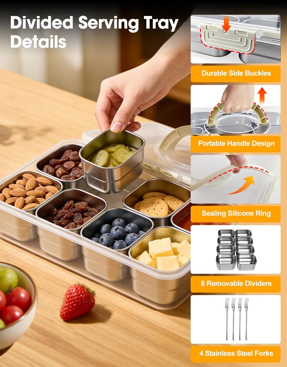 WanshengLe 6 in 1 Snackle Box 3.82L with Lid & Handle, 4 PCS Stainless Steel Snack Box and 2 PCS Plastic Box, 6 Detachable & Dishwasher Safe Snacklebox, Divided Container Box for Snack Fruit Nut