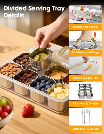WanshengLe 6 in 1 Snackle Box 3.82L with Lid & Handle, 4 PCS Stainless Steel Snack Box and 2 PCS Plastic Box, 6 Detachable & Dishwasher Safe Snacklebox, Divided Container Box for Snack Fruit Nut