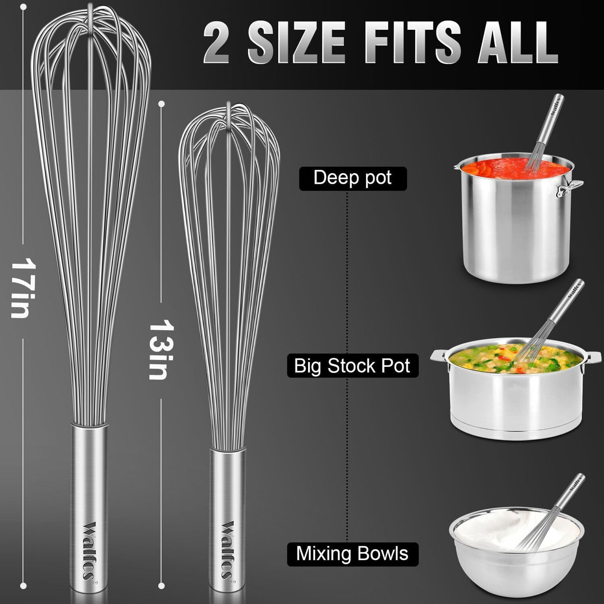 Walfos Whisk,304 Stainless Steel whisk,No-Rust 7+9+11inch Whisks for cooking Nice for Blending,Whisking,Beating.Heat resistant 600°F Dishwasher Safe. Heavy duty kitchen whisk.SILVER