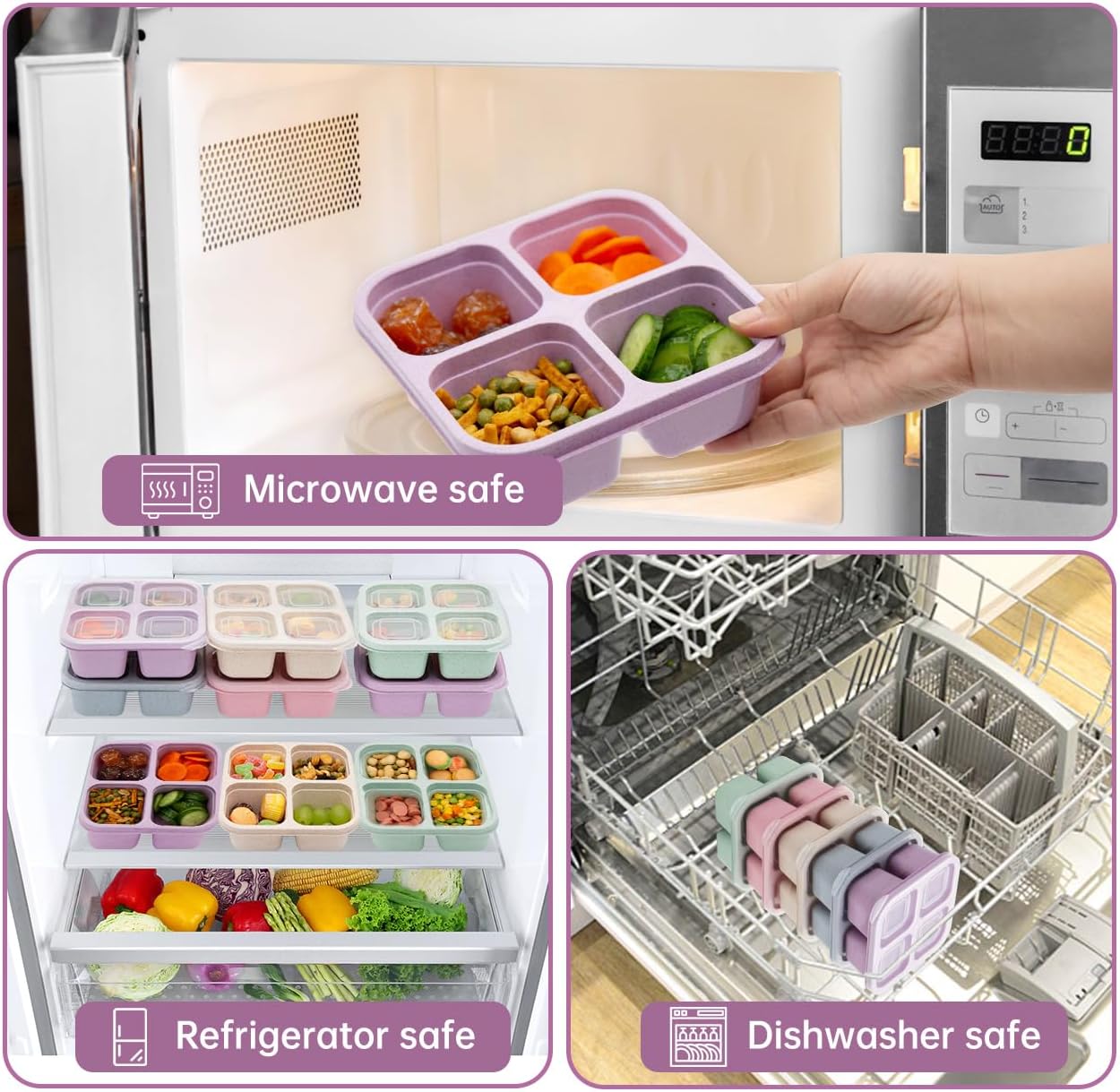 4 pack Bento Lunch Box, Snack Containers，Meal Prep Containers Kids/Toddle/Adults,Food Storage Containers for School, Work and Travel (4 and 3 Compartment Multicolor)