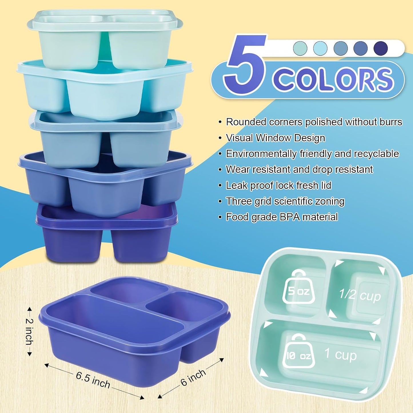 Honeydak 5 Pack Snack Containers 3 Compartment Bento Snack Boxes Divided Meal Prep Containers with Lids Reusable Adults Lunch Food Storage Box for School Work Travel(Elderberry)