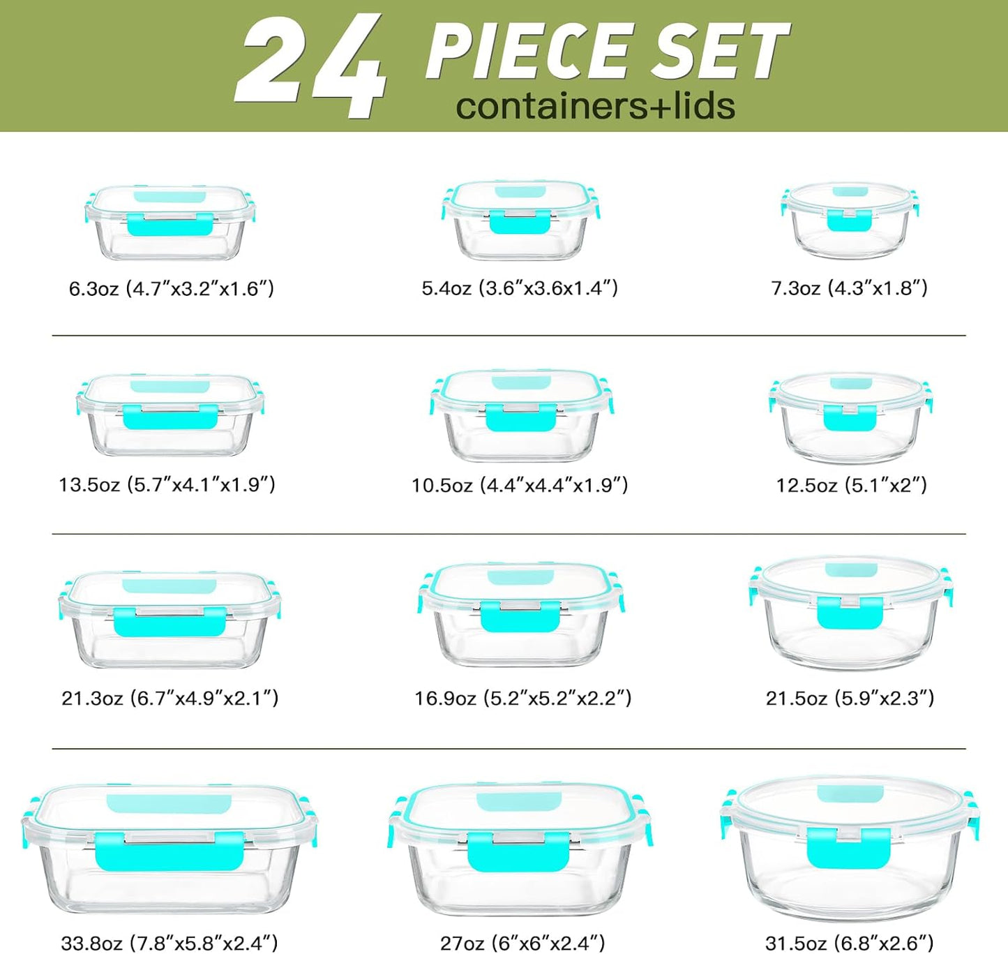BAYZZ 24 Piece Glass Food Storage Containers with Lids, Airtight Glass Meal Prep Containers for Kitchen, BPA-Free Lunch Box, Microwave and Freezer Safe