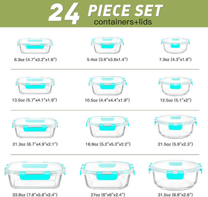 BAYZZ 24 Piece Glass Food Storage Containers with Lids, Airtight Glass Meal Prep Containers for Kitchen, BPA-Free Lunch Box, Microwave and Freezer Safe