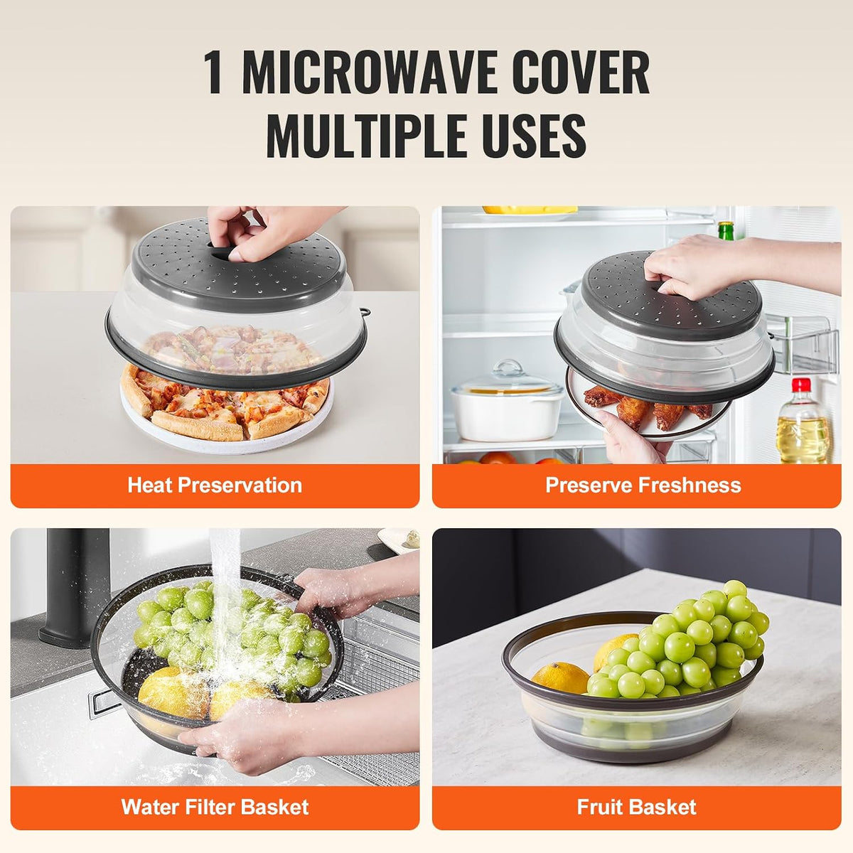 VEVOR Microwave Splatter Covers, 10.4" Collapsible Microwave Lid for Food, 300°F Heat-Resistant PP Splatter Guard for Plate Dish, Multi-Use Kitchen Colander Gadget for Washing Fruits Vegetables
