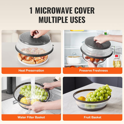 VEVOR Microwave Splatter Covers, 10.4" Collapsible Microwave Lid for Food, 300°F Heat-Resistant PP Splatter Guard for Plate Dish, Multi-Use Kitchen Colander Gadget for Washing Fruits Vegetables