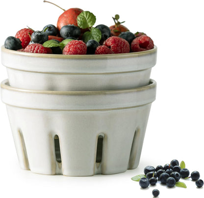 Gomakren Berry Bowls with Holes Ceramic, Berry Washing Bowl Basket Set of 2, 5.8 Inch Round Fruit Bowl Storage Containers, Strawberry Baskets, Farmhouse Kitchen Decor, Yellow + Brown
