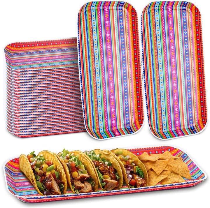Wehhbtye 48 Pcs Mexican Food Serving Trays, Small Size 10.6'' x5'' Cinco De Mayo Paper Serving Platter, Colorful Striped Mexican Fiesta Plates for Single Taco Nacho Snack Themed Party Supplies