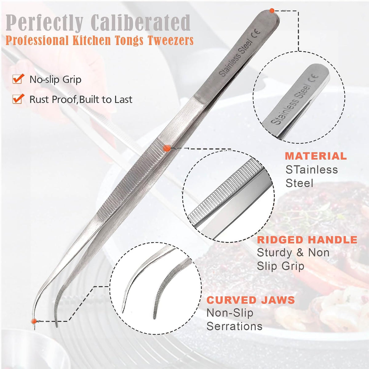 A2Z Cooking Tweezer Straight and Curved Tong Set, Tongs Precision Serrated Tips, Stainless Steel Professional Chef Tweezer Kitchen Tools for BBQ, Plating and Serving (Set of 2-10")