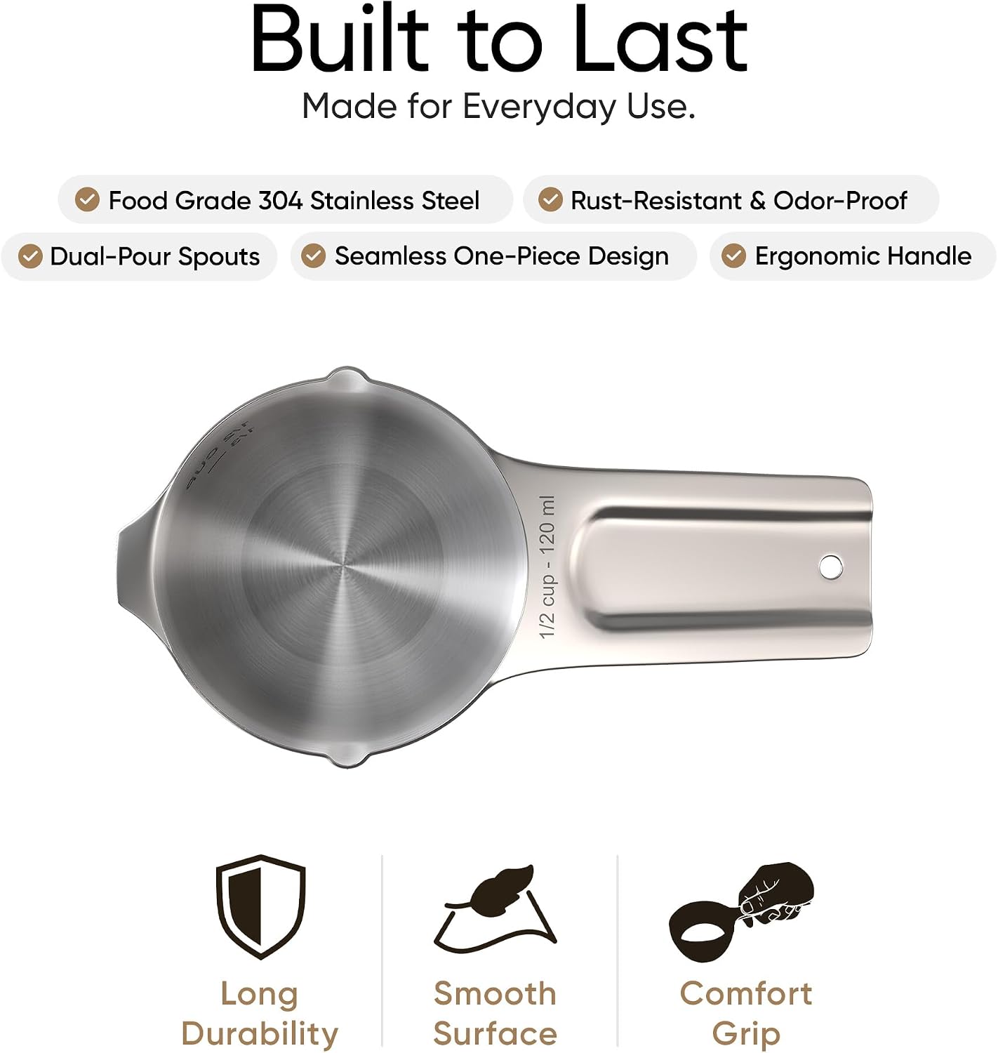 Color Up Measuring Cup Set, 8 Piece, Copper and Chrome Finish, Stainless Steel, Accurate for Wet & Dry Ingredients, Embossed Markings, Easy Pour Spouts, Dishwasher Safe, Kitchen Essential (Stainless)