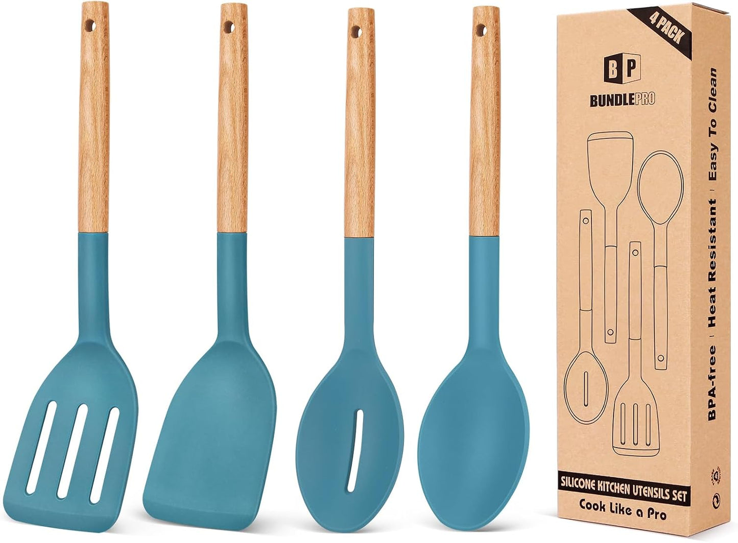Pack of 4 Silicone Cooking Utensils Set, Non Stick Solid Spatulas and Heat Resistant Slotted Spoons with Wooden Handle, Ideal Wood Kitchen Utensils Set for Frying,Serving,Turning,Stirring (KHAKI)
