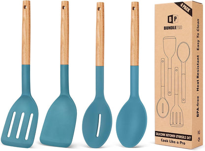 Pack of 4 Silicone Cooking Utensils Set, Non Stick Solid Spatulas and Heat Resistant Slotted Spoons with Wooden Handle, Ideal Wood Kitchen Utensils Set for Frying,Serving,Turning,Stirring (KHAKI)