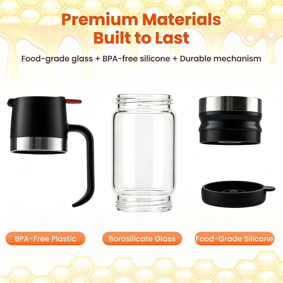 Glass Honey Dispenser Push-Button with Handle (Yellow), No Drip Glass Jar, Leak-Proof Bottom: One-Handed Press to Serve Honey or Syrup onto Coffee, Tea, Pancakes & Desserts (Yellow, 9, ounces)