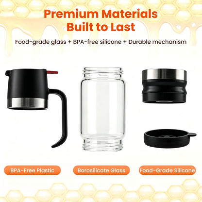 Glass Honey Dispenser Push-Button with Handle (Yellow), No Drip Glass Jar, Leak-Proof Bottom: One-Handed Press to Serve Honey or Syrup onto Coffee, Tea, Pancakes & Desserts (Yellow, 9, ounces)