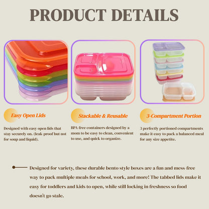WEEK NINE Bento Lunch Boxes - Reusable 3-Compartment Food Containers for School, Work, and Travel, Set of 7