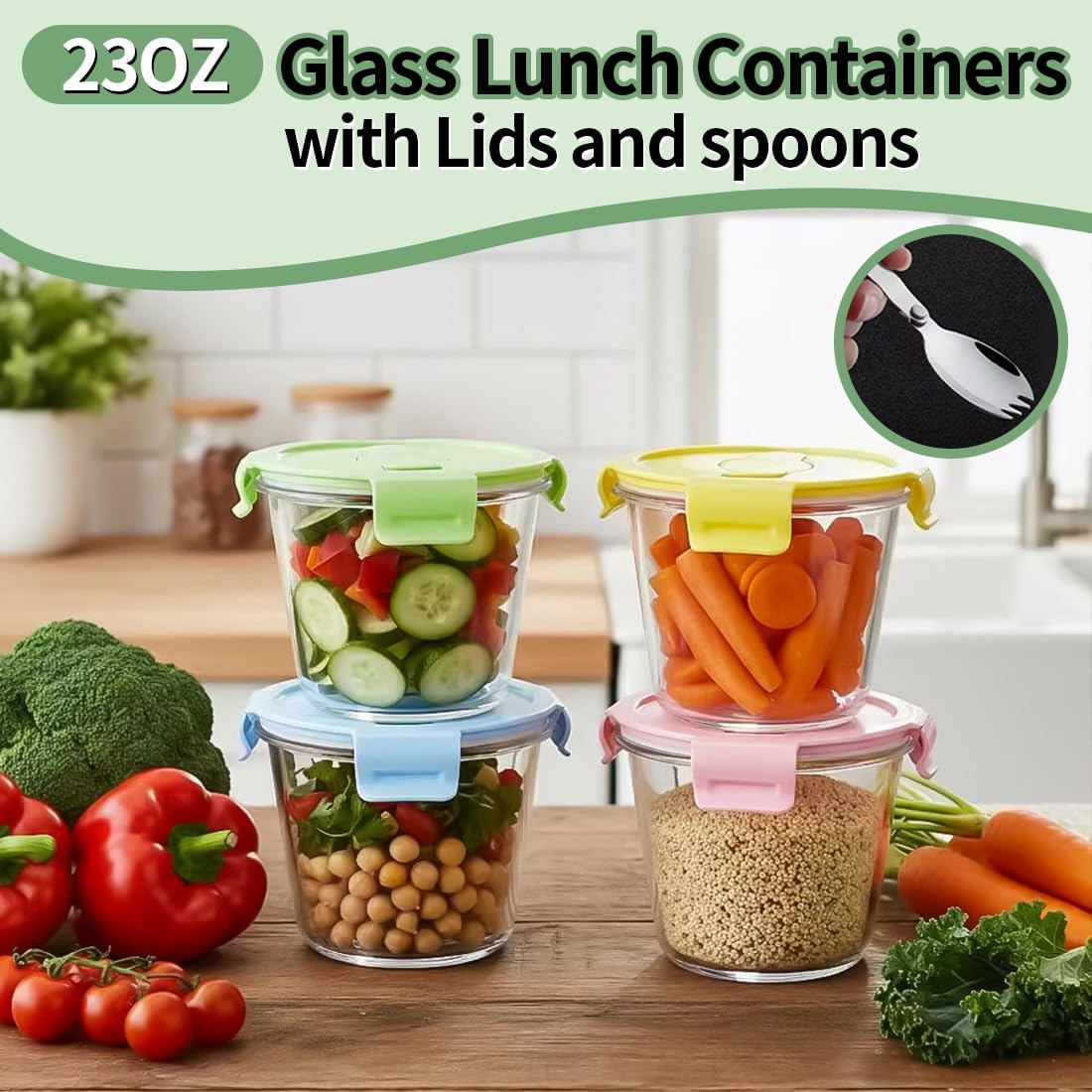 Small Round Glass Food Storage Containers with Lids, 1.5 Cup Round Food Containers set BPA-Free, 12oz Glass Lunch Bowls for Soup Leftover, Microwave, Dishwasher and Freezer Safe (4pack)