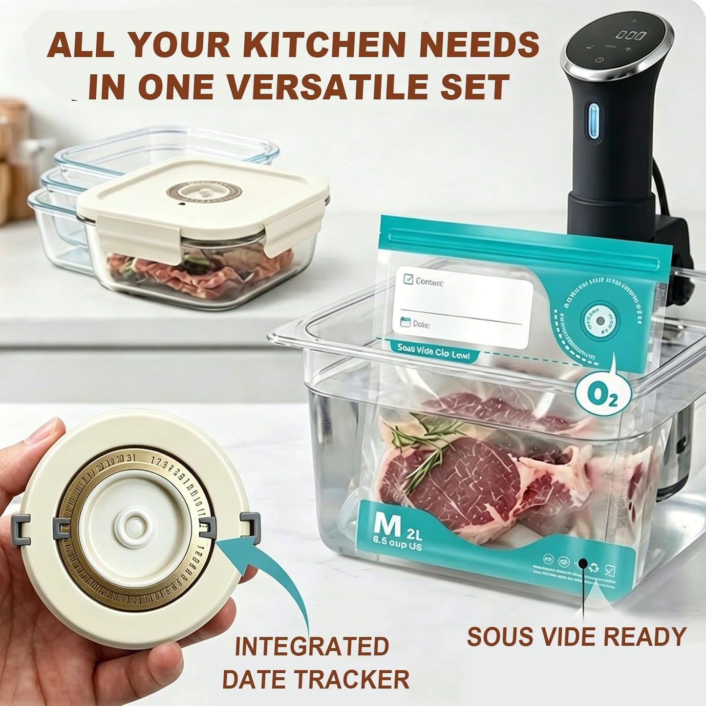 3-Piece Rectangle Glass Vacuum Food Storage Containers Set with Hand Pump & 10 Sealer Bags, Borosilicate Airtight Meal Prep Lids with Date Tracker, Leakproof, Freezer & Microwave Safe [21/35/50 Oz]
