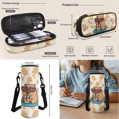 Cute Capybara Pizza Backpack for Girls, 5 Pcs Boys School Bag Set for Kids, 17 Inch Backpacks Lunch Pencil Box Reusable Utensils Case Set for Middle Elementary School, 3rd Grade Backpack