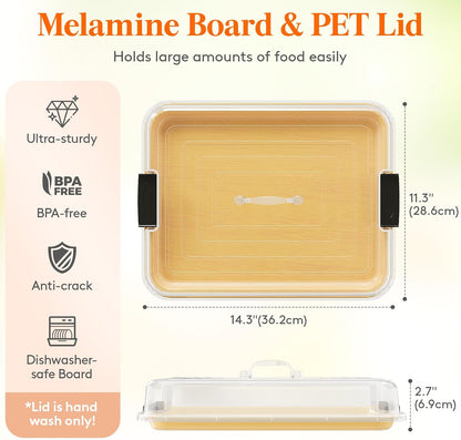 Lifewit 1 Compartment Melamine Charcuterie Board, 11 x 14 Inch Portable Cheese Board with Plastic Lockable Clear Lid, Travel Charcuterie Board Serving Platter with Cover for Snacks, Fruit, Appetizers