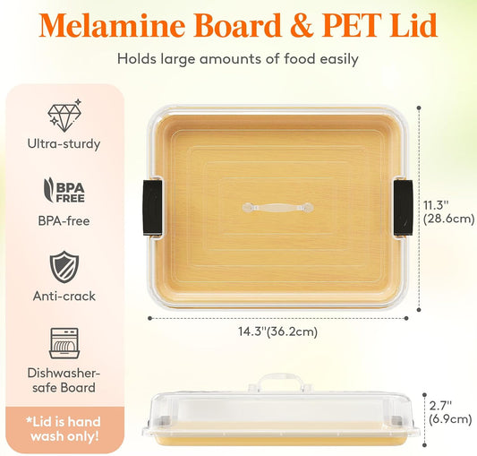Lifewit 1 Compartment Melamine Charcuterie Board, 11 x 14 Inch Portable Cheese Board with Plastic Lockable Clear Lid, Travel Charcuterie Board Serving Platter with Cover for Snacks, Fruit, Appetizers