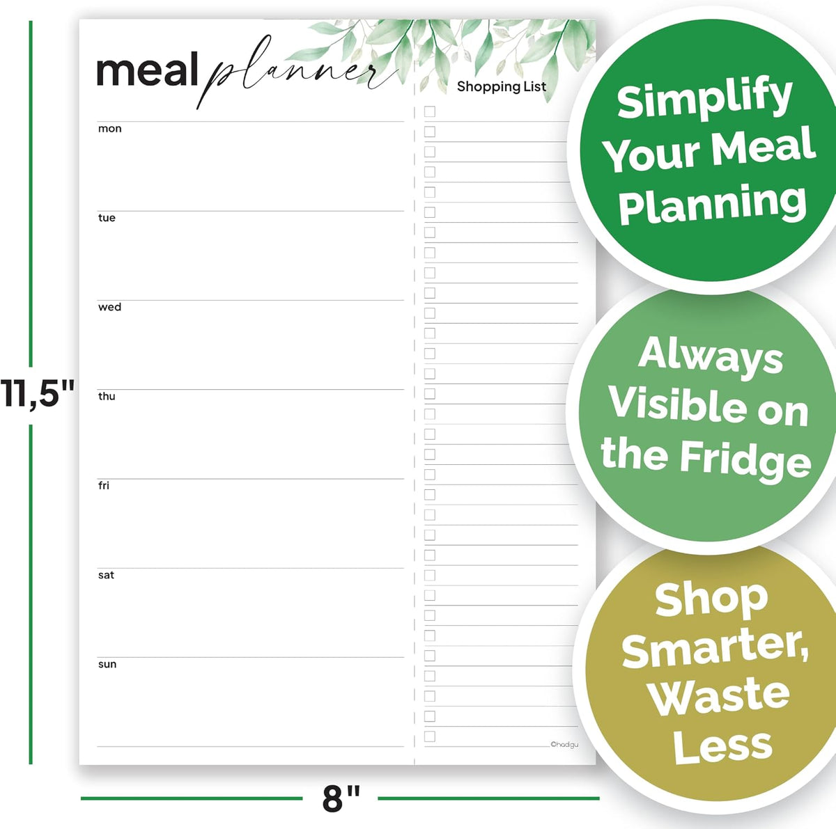 Weekly Meal Planner For Fridge with Tear Off Shopping List, Size 8" x 11.5", Magnetic Shopping List Pad For Fridge, Meal Planning Notepad, Weekly Meal Planner Notepad, Greenery Design.