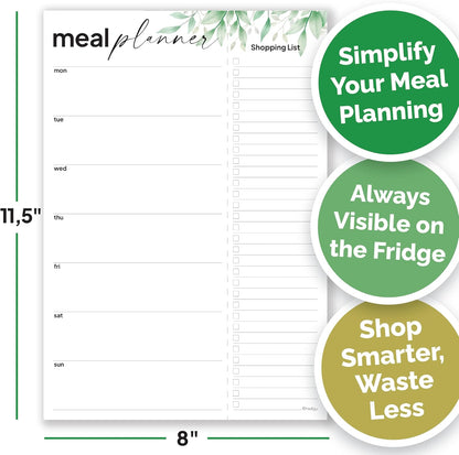 Weekly Meal Planner For Fridge with Tear Off Shopping List, Size 8" x 11.5", Magnetic Shopping List Pad For Fridge, Meal Planning Notepad, Weekly Meal Planner Notepad, Greenery Design.
