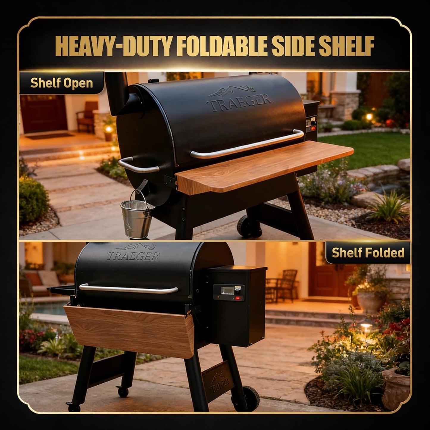 QuliMetal Folding Front Shelf for Traeger Pro 34, Texas Elite 34, Century 885 and Eastwood 34, 37" x 12" Heavy-Duty Grill Prep Table with Cutting Board, Stainless Steel Basin, Lid and 5 Hooks