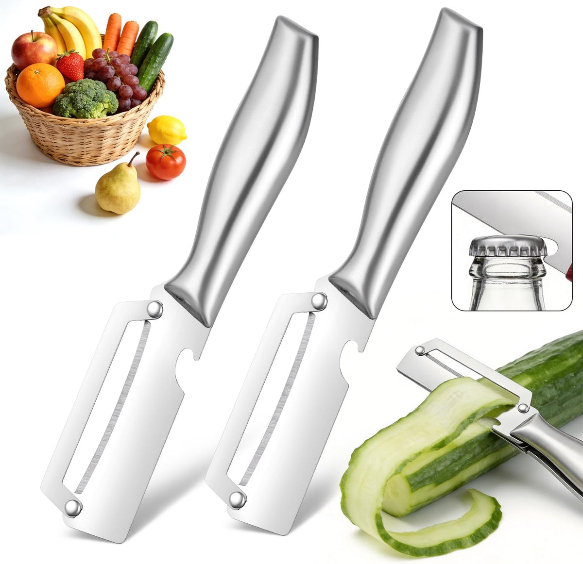 3-in-1 Stainless Steel Vegetable Peeler & Julienne Cutter with Bottle Opener - Multifunctional Kitchen Gadget for Fruits, Veggies, Camping & Daily Home Cooking(2-Pack) wooden
