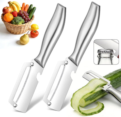 3-in-1 Stainless Steel Vegetable Peeler & Julienne Cutter with Bottle Opener - Multifunctional Kitchen Gadget for Fruits, Veggies, Camping & Daily Home Cooking(2-Pack) wooden