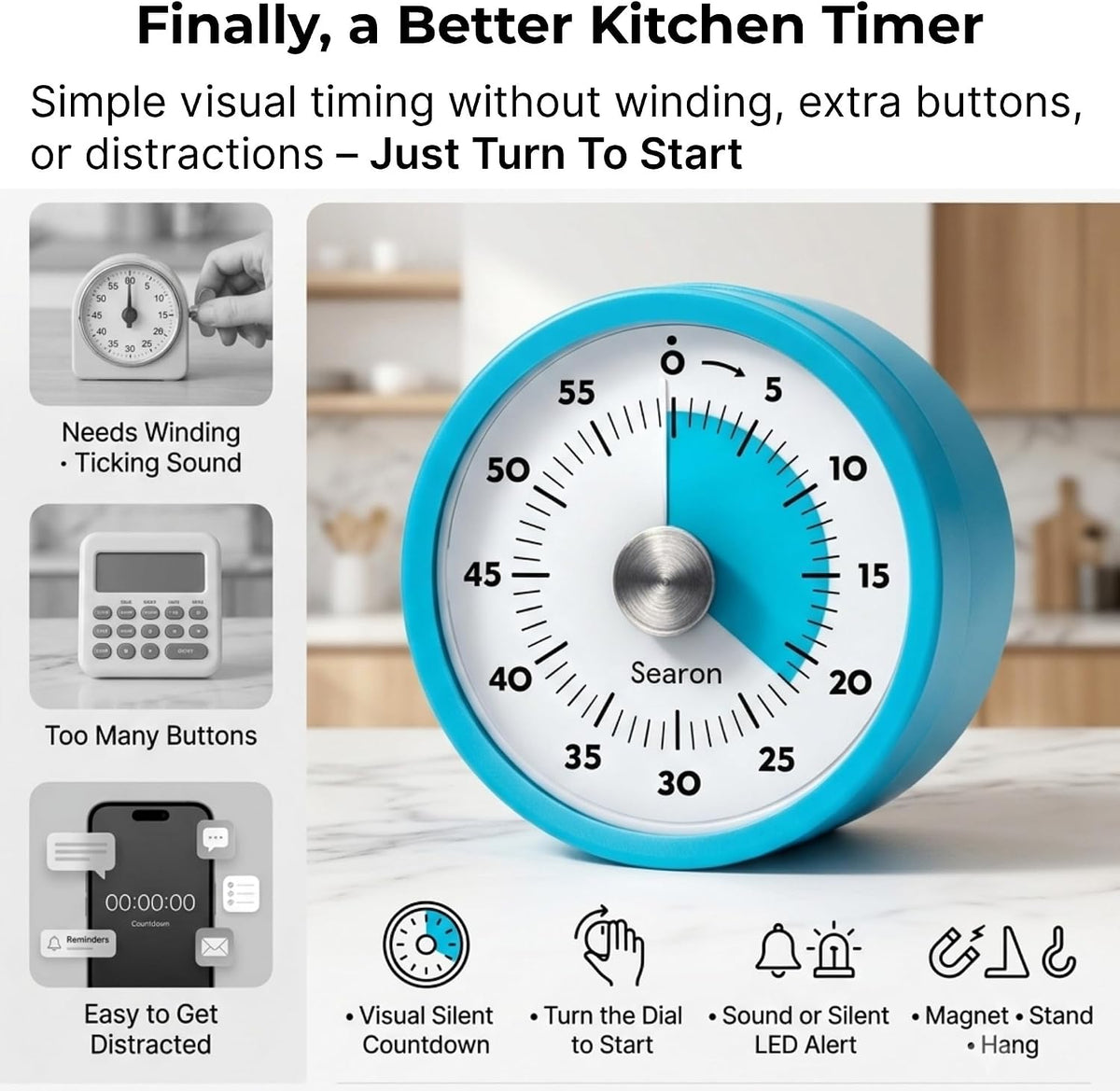Searon Magnetic Kitchen Timer, 60-Minute Visual Dial (Blue)