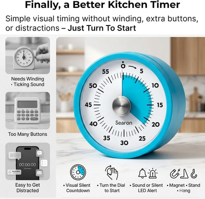 Searon Magnetic Kitchen Timer, 60-Minute Visual Dial (Blue)