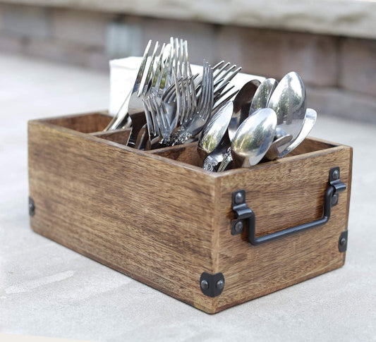Mother's Day Gifts Wooden Kitchen Utensil Holder With 4 Compartments Wood Cutlery Utensil Organiser Flatware Caddy Organizer for Party | Silverware Condiment Organizer with Napkin Holder for Dining