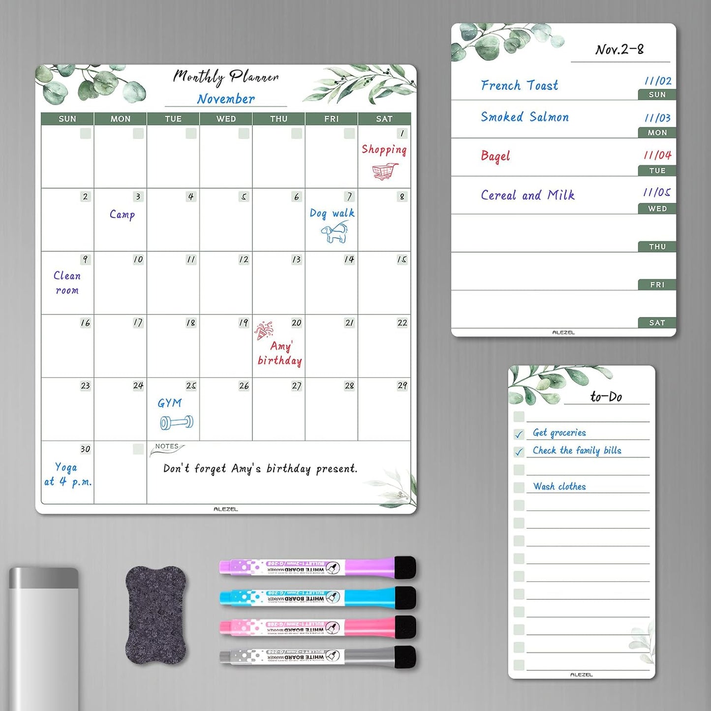 ALEZEL Dry Erase Fridge Calendar Magnetic, Greenery White Board Calendar Dry Erase for Refrigerator - Set of Vertical Monthly & Weekly Calendar for Fridge with 1 List Board, 4 Markers + Eraser